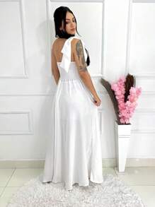 Long Luxury Plain Duna Linen Dress With Bow One Shoulder - White - View 2