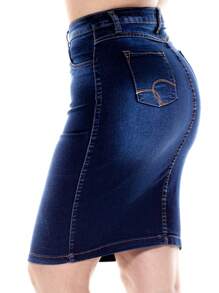 Women Denim Skirts - 深色水洗藍 - 查看 4