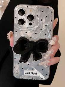 1pc Silver Luxury Chiffon Polka Dot Black Bow + Black Bow Holder Shockproof Hard Case Compatible With Apple Phones