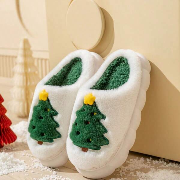 Cartoon Christmas Tree Plush Warm Slippers For Men And Women, Autumn/Winter