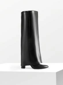 Botas altas hasta la rodilla con pliegue para mujer, tacón grueso, cremallera, puntera puntiaguda, moda de fiesta, unicolor, punk, tendencia, estilo callejero - NEGRO-PU - Ver 6