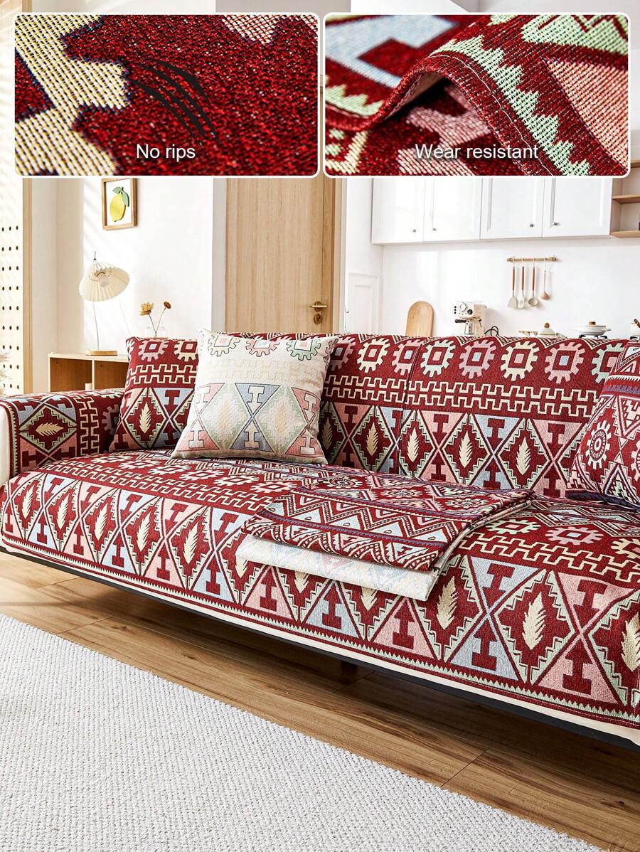 1pc Geometric Pattern Bohemian Style Sofa Cover, Modern  Sofa Cushion, Suitable For Living Room, All Seasons