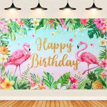 1pc Hawaiian Birthday Backdrop, Tropical Hibiscus Flower & Flamingo Pattern, Beach Party Decor Banner Background - Multicolor - View 1