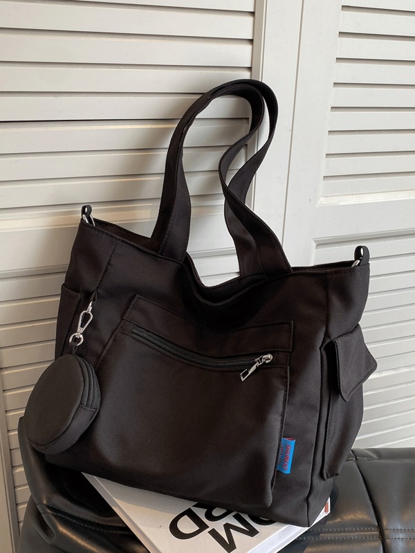 New Fashion, Classic, Versatile Solid Color, Large Capacity Welt Pocket Design, Two-In-One Combination Shoulder Tote Bag, College Style Women's Casual Canvas Bag, Suitable For Campus Use.