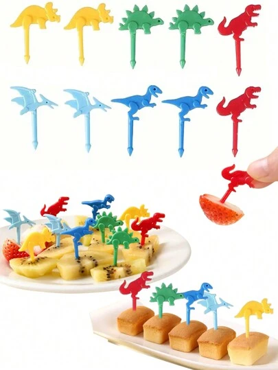 10/20/30 st. slumpmässiga färgade dessertdekorationsgafflar tecknade 3D-dinosaurier fruktpetare bentotandpetare