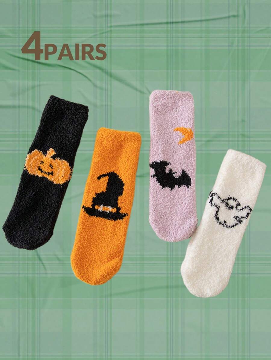 4 双女士袜子万圣节毛绒地板袜 - 彩色 - 查看 1