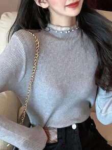 Women's Frill Trim & Pearl Design Slim Fit Pullover Sweater - Grey - View 5