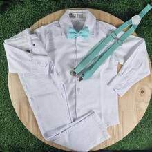 White Pants With White Long Sleeve Shirt And Children's Mint Tie And Suspender Kit - trắng - Xem 1