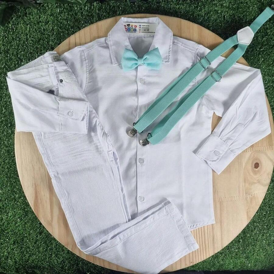 White Pants With White Long Sleeve Shirt And Children's Mint Tie And Suspender Kit - trắng - Xem 1