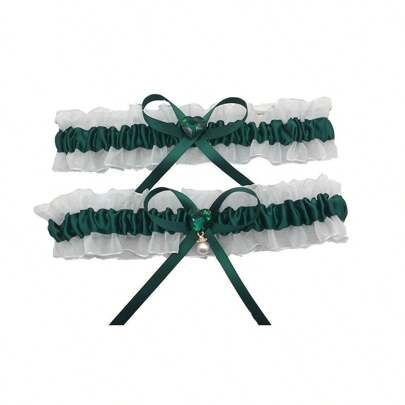 新娘心形水晶薄纱吊袜带性感仿珍珠腰带蝴蝶结腿环，婚礼派对配饰