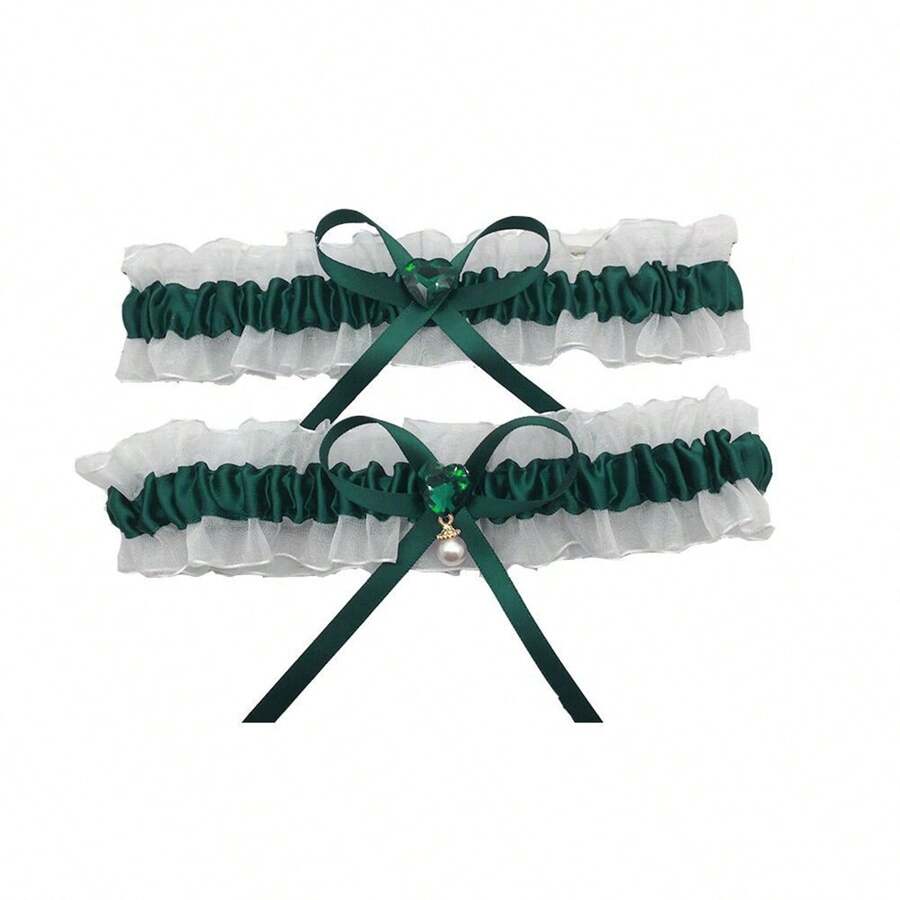 Bridal Heart-Shaped Crystal Tulle Garter Sexy Faux Pearl Sash Ribbon Bow Leg Ring, Wedding Party Accessory - Multicolor - View 1