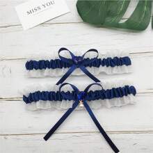 Bridal Heart-Shaped Crystal Tulle Garter Sexy Faux Pearl Sash Ribbon Bow Leg Ring, Wedding Party Accessory - Multicolor - View 5