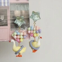 1 par de Pendientes con cuentas con cisne y corazón exagerados y lindos, "dopamina", adecuados para mujeres en vacaciones y uso al aire libre