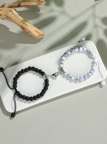 2pcs Classic Heart Magnetic Clasp Bracelet Set, Turquoise Represents Luck & Success, Crystal Energy Stone Bracelet, Friendship/Couple Valentine's Gift, Daily Accessory, 8mm Beads Crystal Bracelet Set - Multicolor - View 19