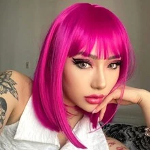 Hot Pink Wig With Bangs Hot Pink Wigs For Women 12 Inch Short Straight Bob Wig Synthetic Hair Colored Wigs For Cosplay Party - Hot Pink - View 1