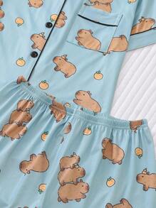 2pcs Cute Capybara Printed Ladies Lounge Wear Set, Short Sleeve Lapel Collar Top And Elastic Waist Shorts, Casual Pajamas And Homewear For Women, All Season, Two Pieces Set, Cool Light Blue