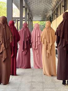 2pcs Women Plain Single Layer Headscarf + Pleated Long Robe, Suitable For Daily Prayer - Multicolor - View 2