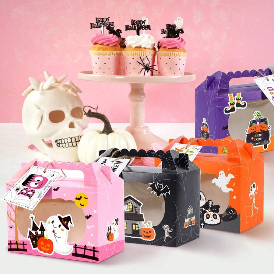 TIMBLESSING 12pcs Halloween Gift Boxes With Window, Pumpkin, Ghost, Haunted House Patterns, Portable Paper Gift Boxes For Party Favors, Halloween Decorations And Props - Colorful - View 1