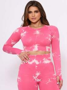 Seamless Butt Lift Tie Dye Gym Set High Waist Long Sleeve - Pink - View 3
