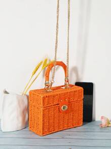 Vintage Fashion Square-Shaped Straw Bag, Shoulder Crossbody Hand Carry Retro Small Square Bag - Orange - View 5