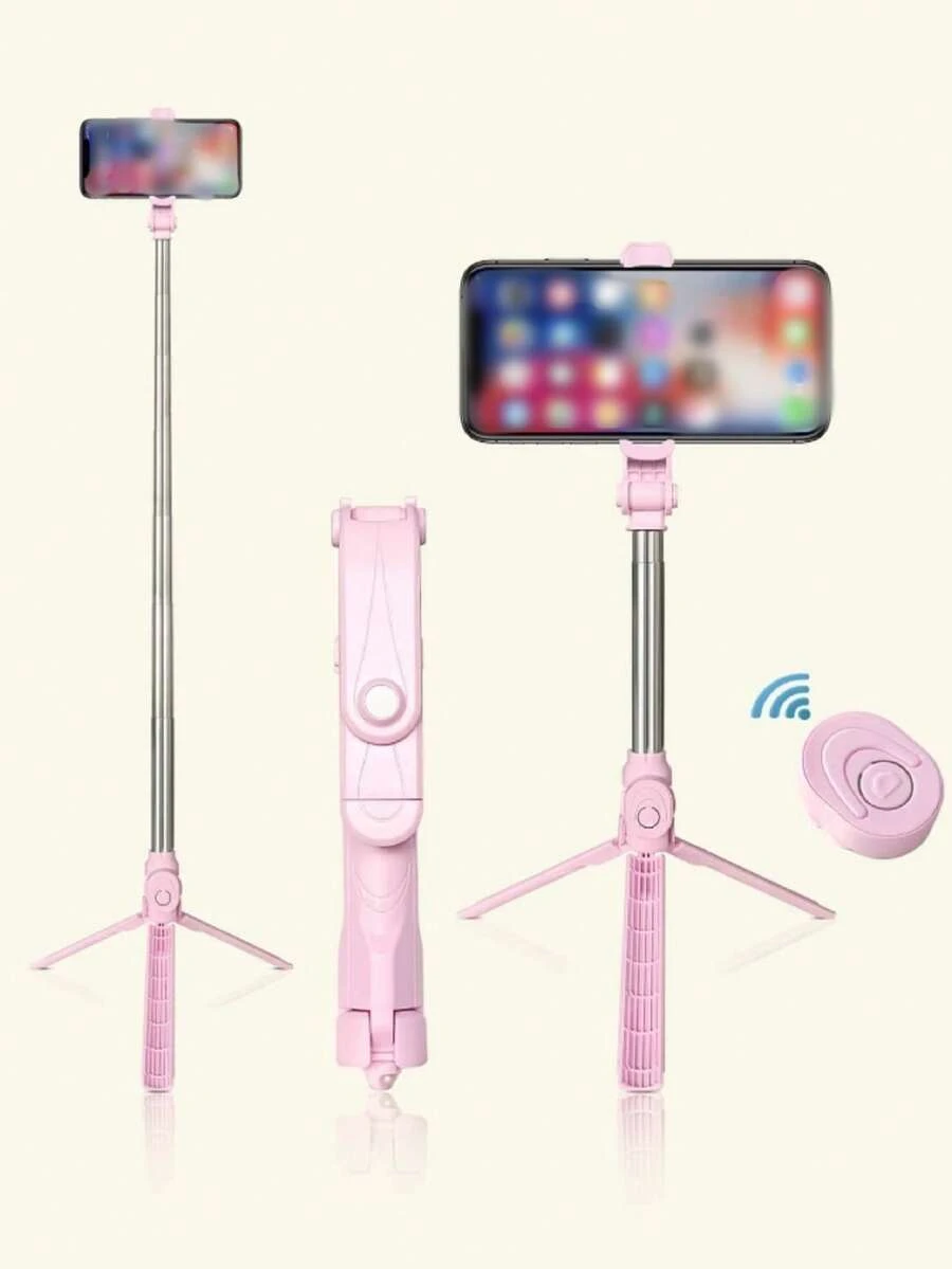 1 pieza Palo selfie de trípode rosa, soporte multifunción para teléfono para toma horizontal y vertical, palo selfie portátil con Bluetooth (batería no incluida)
