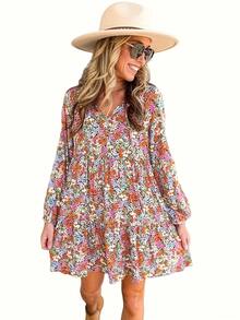 Vestido de manga larga, cuello en V, estampado floral, elegante y casual - Estilo Europeo/Estadounidense para Mujer - Rojo - Ver 3
