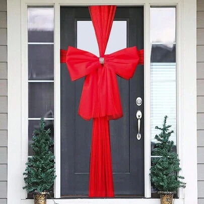 Large Red Christmas Bow Wreath Set, Luxury Dual-Layer Organza Ribbon With Rhinestones, Organza Full Edge Decorated Flower, Christmas & Halloween Entrance Wreath, Christmas Door Curtain. The Bow Size Is Approx. 60*80CM, Organza Size Is 75*750CM With 6 Clips Included. The Bow Is Pre-Made, Just Need To Fix It On The Organza Using The Clips, Simple And Practical.