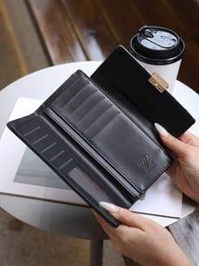 New Coffee Color Long Wallet, 2024 Autumn/Winter European And American Fashion Ink Painting Lemon High-Quality PU Leather Large Capacity Clutch Bag, Multi-Card Slots Folding Mobile Phone Wallet, Fashionable Niche Women Party Gift Luxury Card Holder Purse Multifunction Convenient - Black - View 6