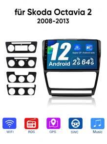 Junsun Android 12 Car Radio Stereo For Skoda Octavia 2008 2009 2010 2011 2012 2013 Built-In CP Android Auto 10 Inch Touch Screen 2GB RAM 64GB ROM With GPS Navigation DSP