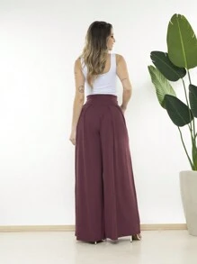 Loose Wide Leg Pantalona Pants Viscolycra Mesh Wide Waistband High Waist Pleats - Burgundy - View 2