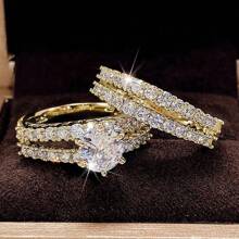 2 件/套女士奢华订婚戒指套装，金色合金，镶嵌方晶锆石，适合日常佩戴、派对、情人节、生日礼物情人节、妈妈、母亲、母亲节、礼物 - 金色 - 查看 11