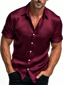 NITAGUT Men's Lightweight, Breathable Casual Solid Color Satin Short Sleeve Shirt, Summer - Burgundy - View 4