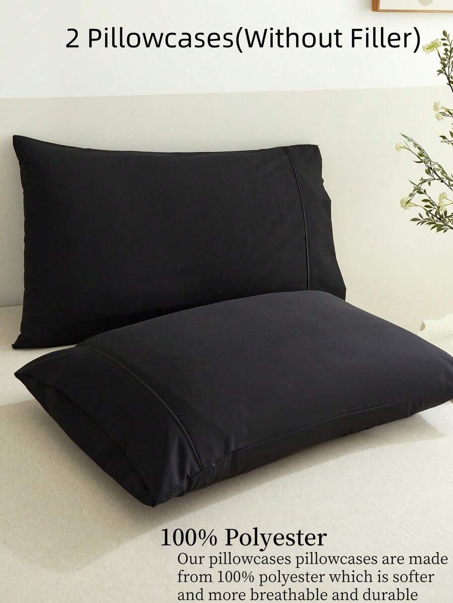 2pcs Black Brushed Pillowcases And Plain Pillowcases With Rope For All Seasons - Black - View 1
