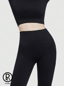 PASSBYE Seamless Workout Outfits For Women 2 Piece Ribbed Long Sleeve Crop Top Tummy Control Leggings Sets - 黑色 - 查看 5