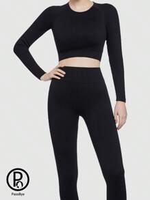 PASSBYE Seamless Workout Outfits For Women 2 Piece Ribbed Long Sleeve Crop Top Tummy Control Leggings Sets - 黑色 - 查看 4