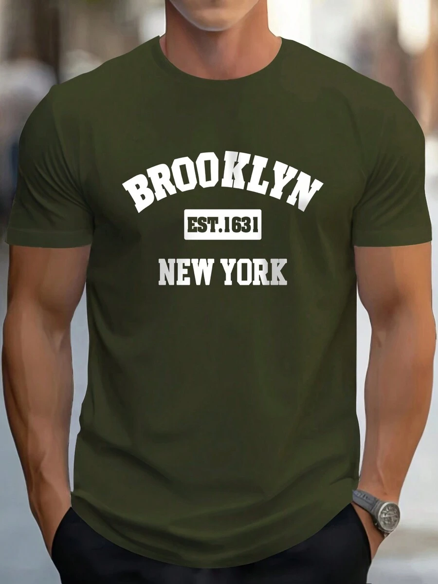 Men's Simple Printed Crew Neck Short Sleeve T-Shirt,Graphic Tee - xanh quân đội - Xem 1