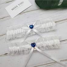 Bridal Heart-Shaped Crystal Tulle Garter Sexy Faux Pearl Sash Ribbon Bow Leg Ring, Wedding Party Accessory - Multicolor - View 4