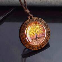 1pc Tree Of Life Glass Cabochon Necklace Vintage Rope Chain Wooden Pendant Necklace Life Tree Jewelry - style - View 5