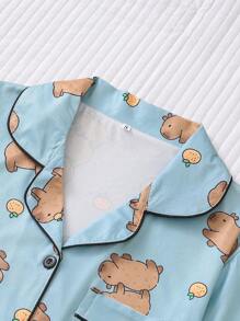 2pcs Cute Capybara Printed Ladies Lounge Wear Set, Short Sleeve Lapel Collar Top And Elastic Waist Shorts, Casual Pajamas And Homewear For Women, All Season, Two Pieces Set, Cool Light Blue