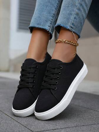 女式厚底帆布運動鞋，純色休閒運動鞋，扁帶綁帶運動鞋，戶外休閒鞋，透氣時尚運動鞋