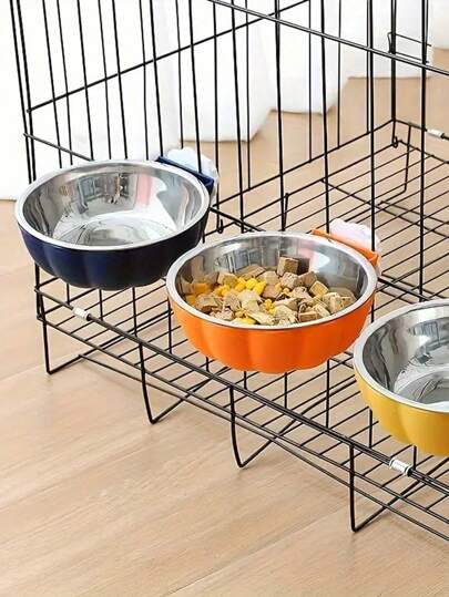 1 件，蓝色/黄色/橙色不锈钢悬挂式宠物碗，悬挂式宠物食盆，带安全盖的可拆卸升降喂食器，可拆卸不锈钢宠物笼碗悬挂式食物和水喂食器，小动物食盆和水盆，仓鼠大鼠，南瓜形不锈钢小型宠物食盆和水盆，独特的宠物设计，耐用的宠物用品，适用于兔子、大鼠、仓鼠、鸟类、松鼠