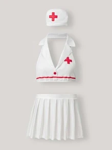 3 件套可爱护士制服套装：白色衬衫搭配深 V 领带、发夹和百褶裙
