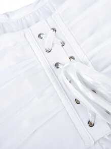 白色网眼紧身胸衣上衣、露肩露背紧身胸衣短款上衣、多层紧身吊带背心、露脐外套、万圣节纯色紧身胸衣 - 白色 - 查看 5