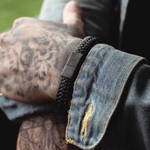 Bracelet tressé noir à fermoir magnétique en acier inoxydable pour hommes, manchette