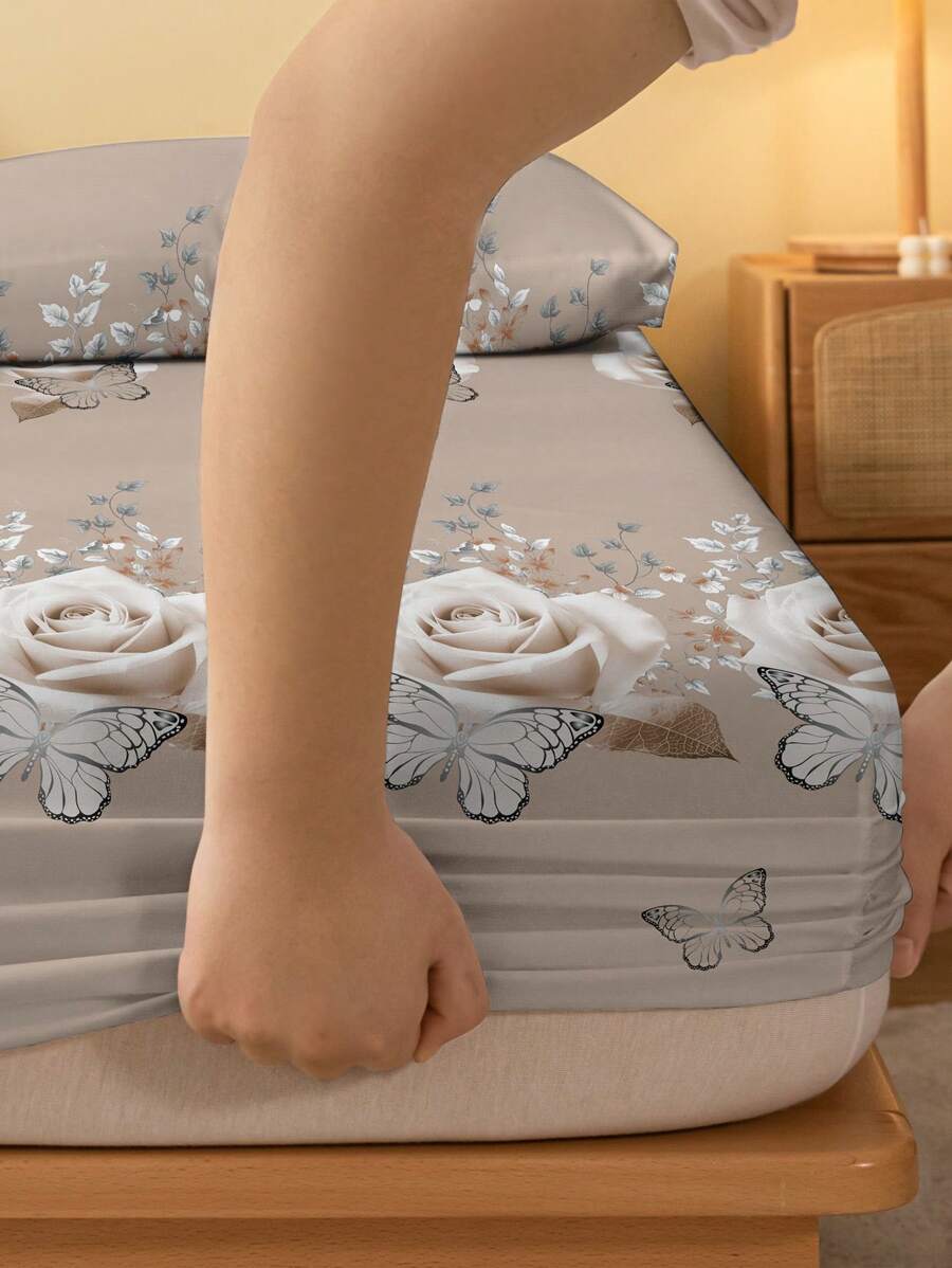 1pc Plant Floral Butterfly Rose Pattern Printed Fitted Sheet, Bedroom