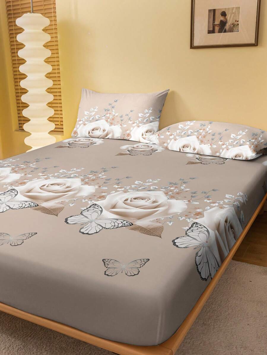 1pc Plant Floral Butterfly Rose Pattern Printed Fitted Sheet, Bedroom