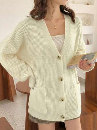 Thick, Versatile Cream Korean Cardigan, Knitted Sweater Jacket, College Style, Autumn/Winter