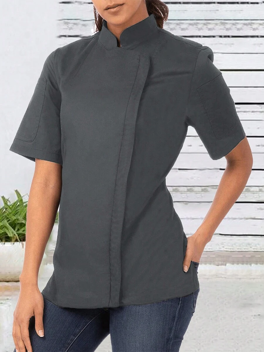 Women's Solid Color Stand Collar Chef Jacket - Grey - View 1