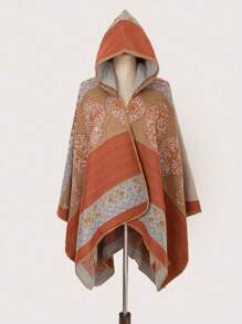1pc Casual Versatile Jacquard Hooded Poncho Cape