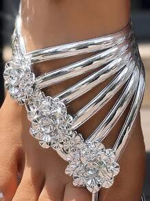 Women's Silver Metal-Look Sandals, Adorned With Crystal Floral Decor, Lightweight & Comfortable Summer Beach Slide Slippers, Slip-On Flat Shoes For Casual & Holiday Wear - Silver - View 8